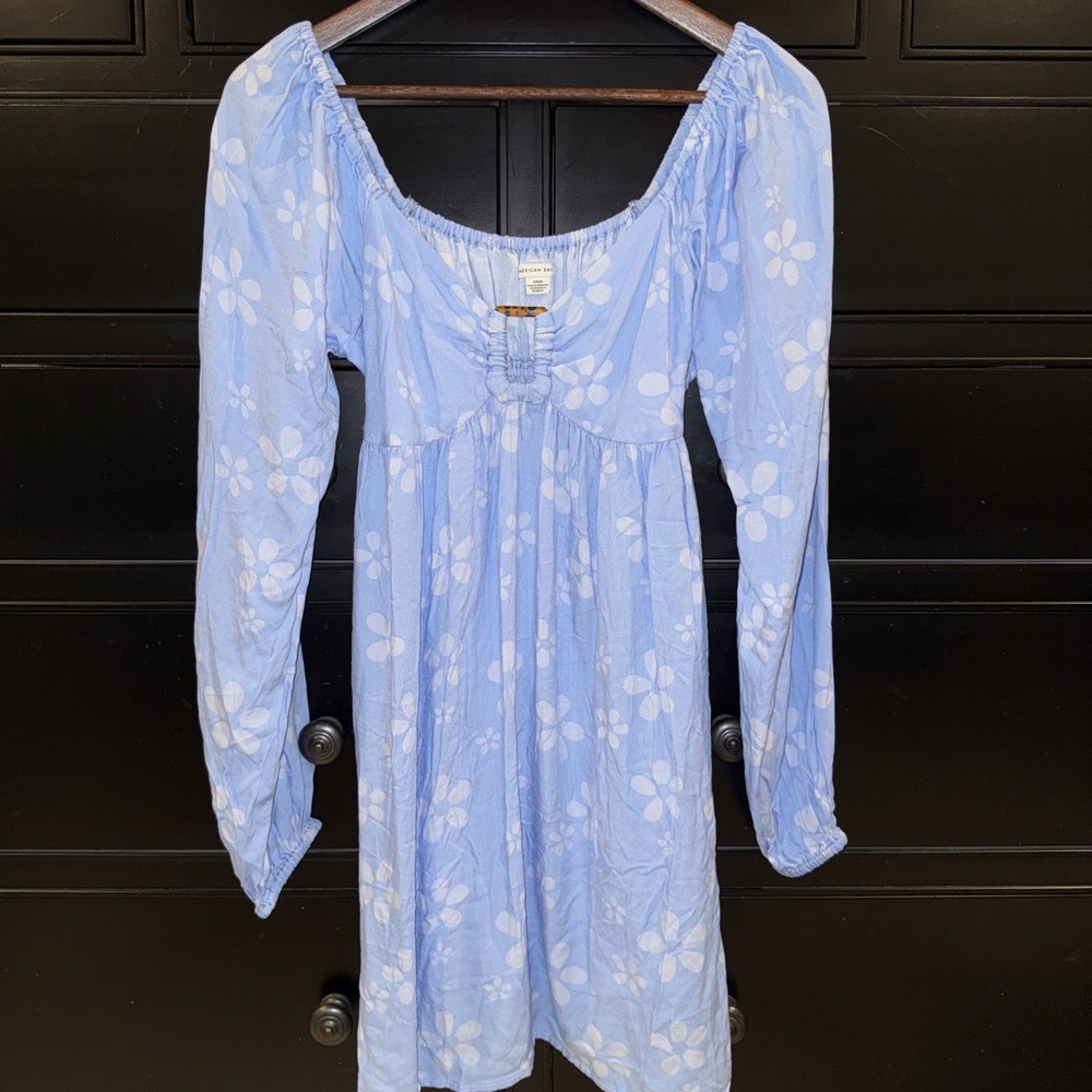 American Eagle Size Small Blue Floral‎ Long Sleeve Babydoll Mini Dress Tortoise